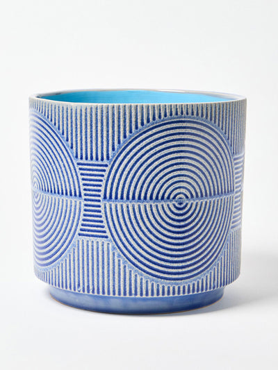 Oliver Bonas Cerchio embossed blue ceramic plant pot extra large at Collagerie