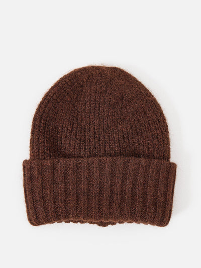 Oliver Bonas Chocolate brown fluffy ribbed knitted beanie hat at Collagerie