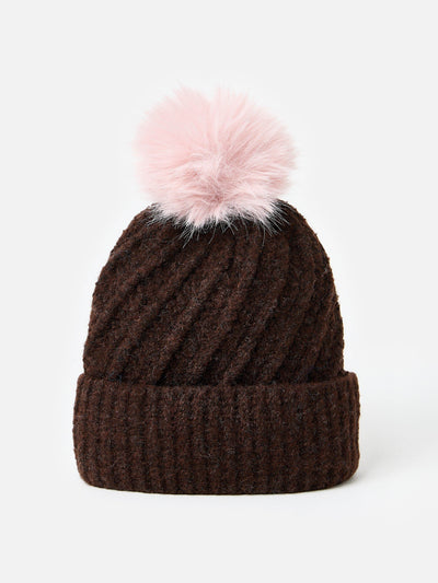 Oliver Bonas Chocolate brown twisted cable knit bobble hat at Collagerie