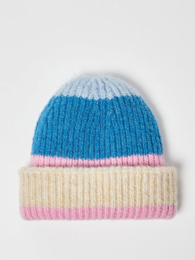 Oliver Bonas Colour block blue knitted beanie hat at Collagerie