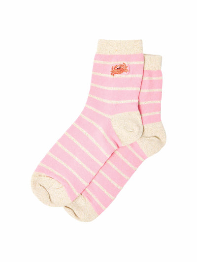 Oliver Bonas Embroidered crab pink stripe ankle socks at Collagerie