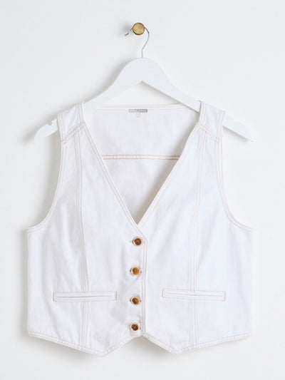 Oliver Bonas Ecru white contrast stitch denim waistcoat at Collagerie