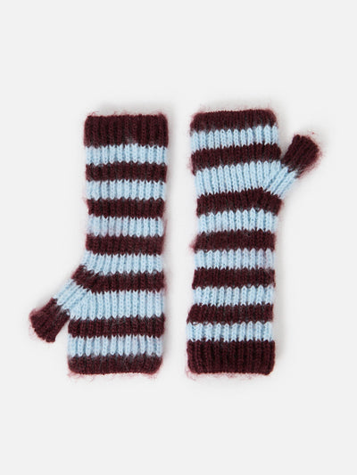 Oliver Bonas Fluffy blue & burgundy striped knitted wrist warmers at Collagerie