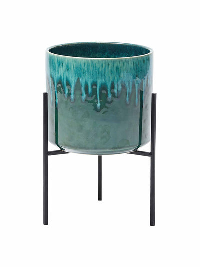 Oliver Bonas Lani green ceramic plant pot & stand short at Collagerie