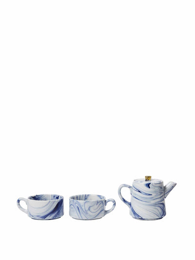 Oliver Bonas Mahi marbled blue ceramic tea for two set at Collagerie