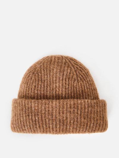 Oliver Bonas Mocha brown ribbed knitted beanie hat at Collagerie