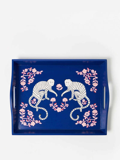 Oliver Bonas Morris monkey blue hand painted tray at Collagerie