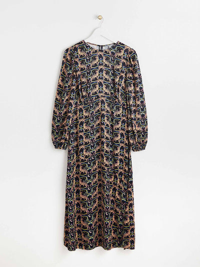 Oliver Bonas Ocelot print blue midi dress at Collagerie