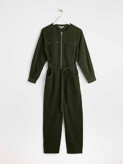 Oliver Bonas Olive green tie waist corduroy jumpsuit at Collagerie