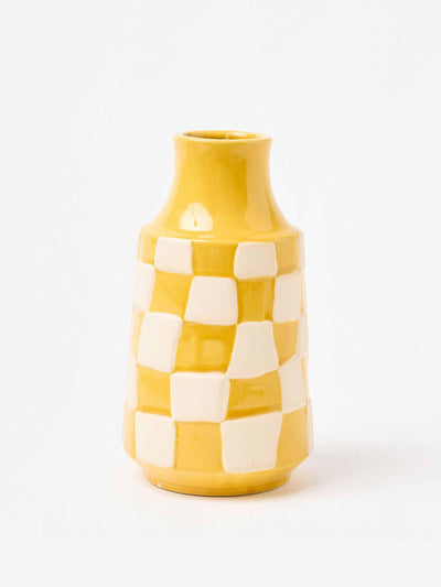 Oliver Bonas Pambo yellow chequerboard ceramic vase at Collagerie