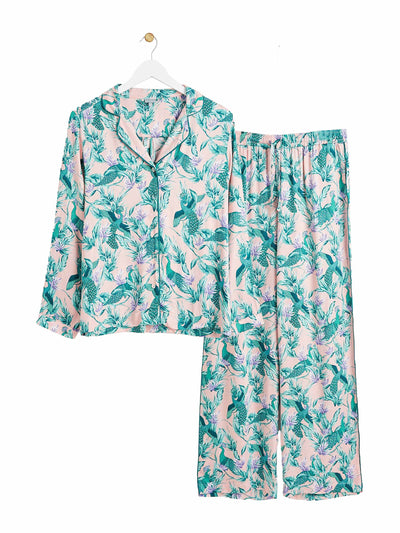 Oliver Bonas Peacock pink shirt & trousers pyjama set at Collagerie