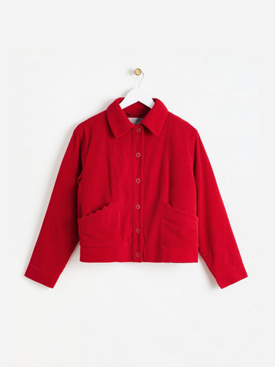 Oliver Bonas Red corduroy scallop pocket collared jacket at Collagerie