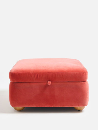 Oliver Bonas Alina coral red velvet square ottoman at Collagerie