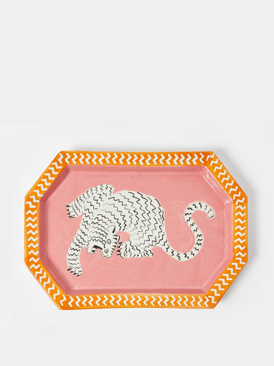 Oliver Bonas Pink tiger ceramic platter at Collagerie