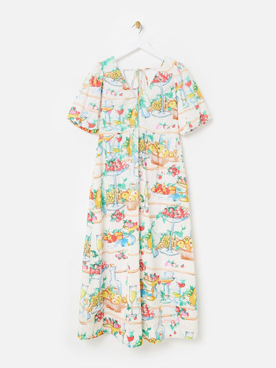 Oliver Bonas White floral embroidered fruit print puff sleeve midi dress at Collagerie