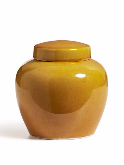 Oka Yellow glazed porcelain lidded pot at Collagerie