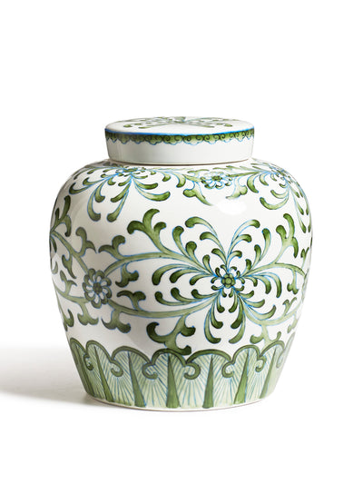Oka Tengwan lidded green and white pot at Collagerie