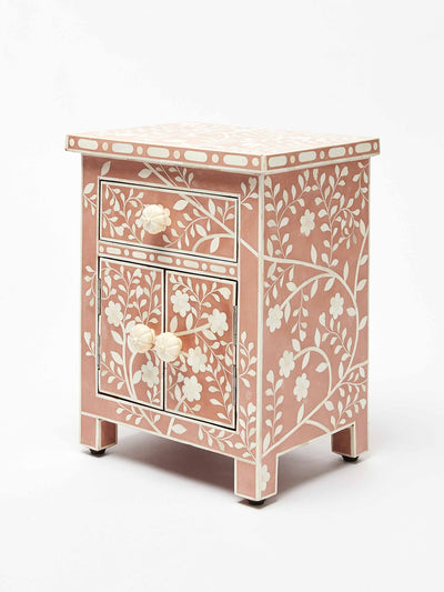 Oliver Bonas Lohko rose pink floral inlay bedside cabinet at Collagerie