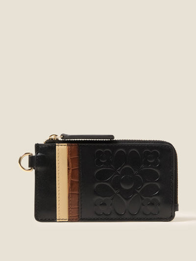 Orla Kiely Frieda leather card purse in tile emboss black at Collagerie