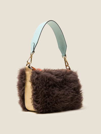 Orla Kiely Mini Softie leather crossbody bag in Sheepskin Colourblock Brown at Collagerie