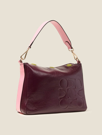 Orla Kiely Small Softie leather shoulder bag in Ok Colourblock Burgundy at Collagerie