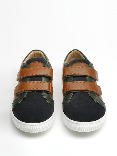 Papouelli Navy leather and suede trainers at Collagerie