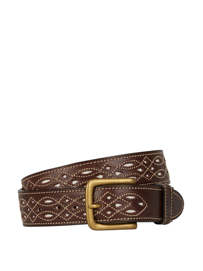 Penelope Chilvers Brown leather belt with white stitchwork at Collagerie