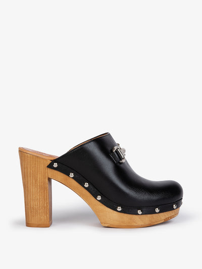 Penelope Chilvers High horsebit leather clogs in black at Collagerie