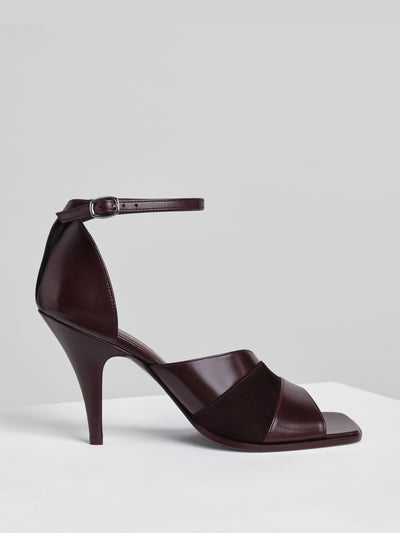 Phoebe Philo Asymmetric 90 sandals in Oxblood leather at Collagerie