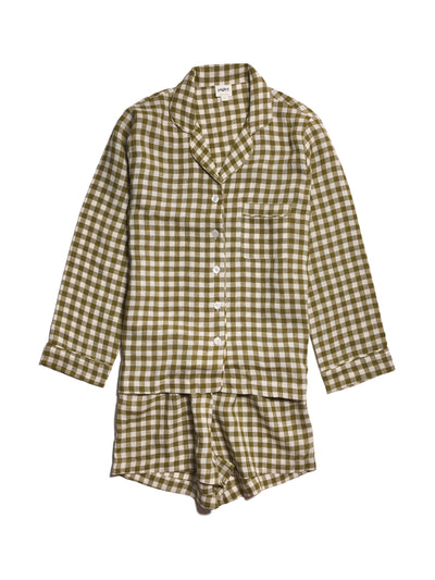 Piglet in Bed Green gingham short linen pyjama set at Collagerie