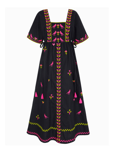 Pink City Prints Neon bird cross stitch south American dress at Collagerie