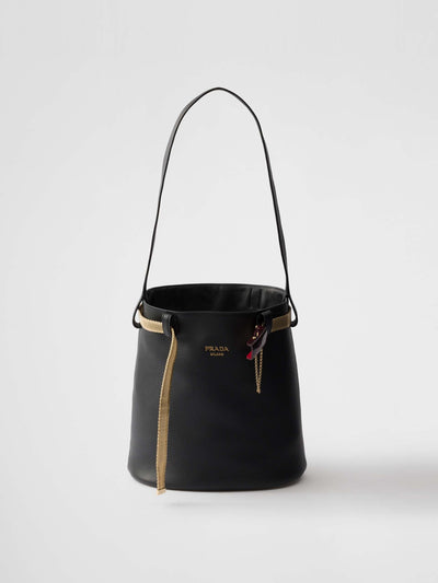 Prada Buckle leather bucket bag with jeweled belt at Collagerie