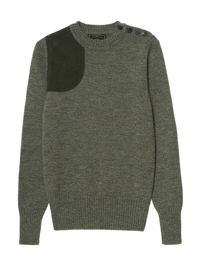 Purdey Button crew neck sweater in khaki green at Collagerie