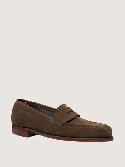 Purdey Unlined suede penny loafers at Collagerie