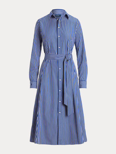 Ralph Lauren Blue belted striped cotton shirt dress at Collagerie