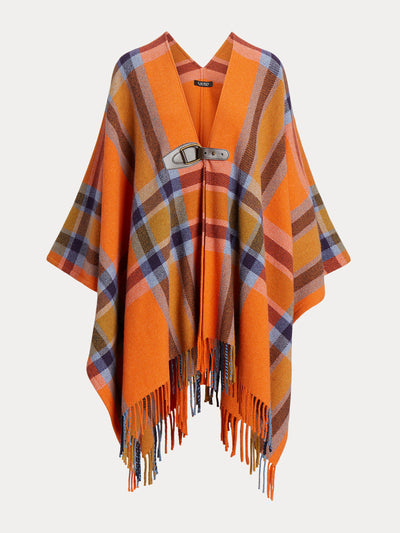 Ralph Lauren Plaid fringe-trim twill poncho at Collagerie