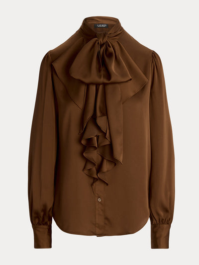 Ralph Lauren Ruffle-trim satin tie-neck blouse at Collagerie