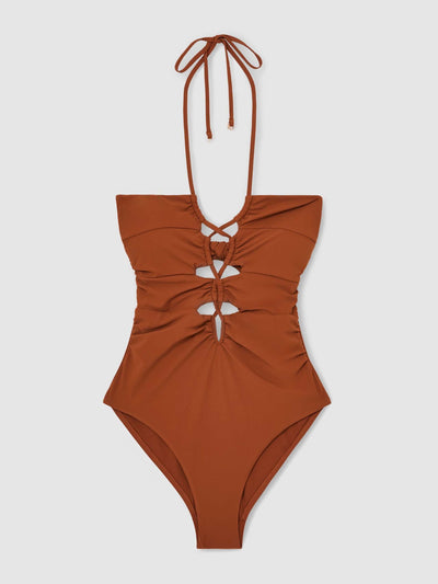 Reiss Rosella ruched cut-out swimsuit in tan at Collagerie