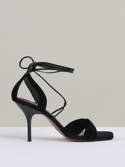 Reiss Alexis suede strappy heeled sandals in black at Collagerie