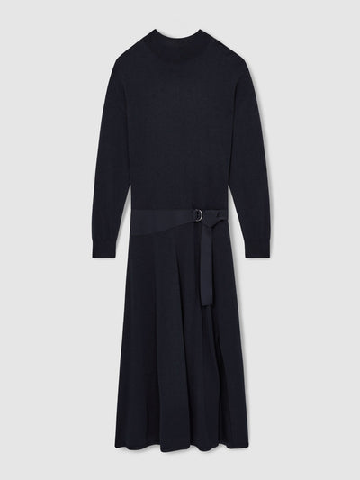 Reiss Alina compact-knit belted midi dress in navy at Collagerie