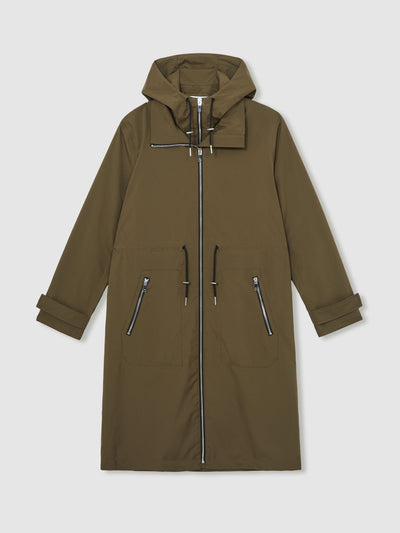Reiss Alizeh removable-hood parka rain coat in khaki at Collagerie