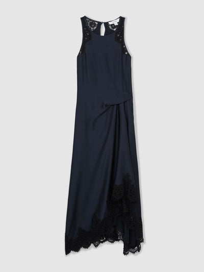 Reiss Anais satin drape lace-trim dress in navy at Collagerie
