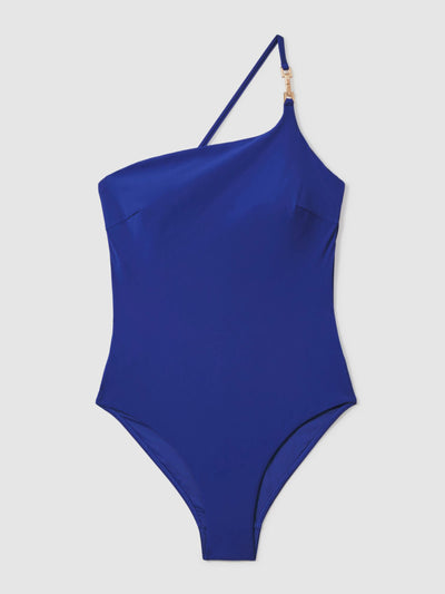 Reiss Olive asymmetric cross-back swimsuit at Collagerie