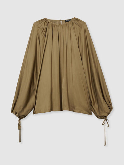 Reiss Finley atelier gathered satin top in khaki at Collagerie