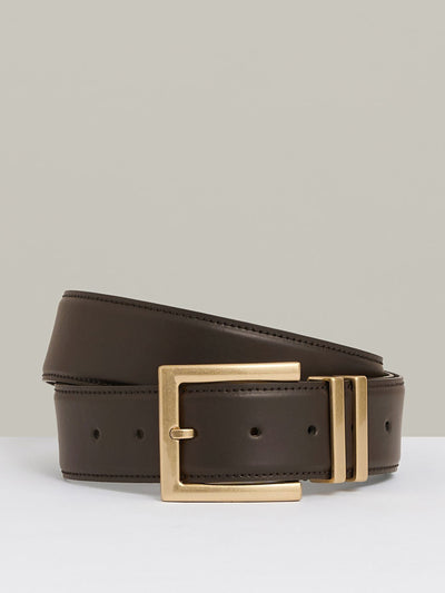 Reiss Brompton leather square buckle belt in chocolate at Collagerie