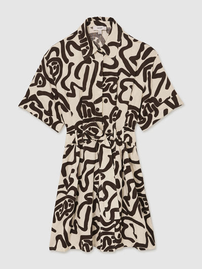 Reiss Camelia linen blend printed shirt dress in brown/ivory at Collagerie