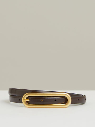 Reiss Chaya thin leather elongated buckle belt in chocolate at Collagerie