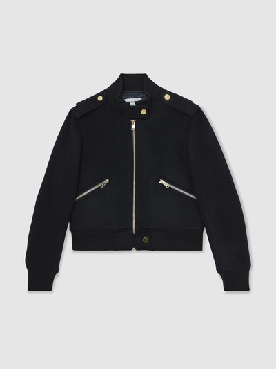 Reiss Cleo brushed wool epaulette bomber jacket in navy at Collagerie