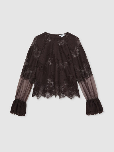 Reiss Emilia lace flared cuff blouse in chocolate brown at Collagerie