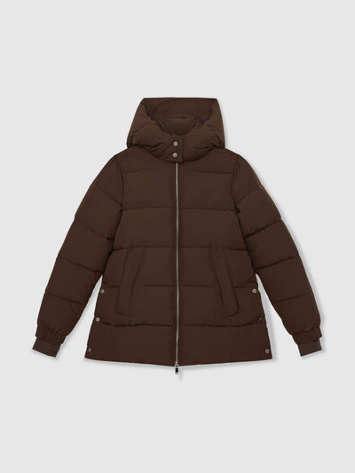 Reiss Fee short hooded puffer coat in chocolate brown at Collagerie